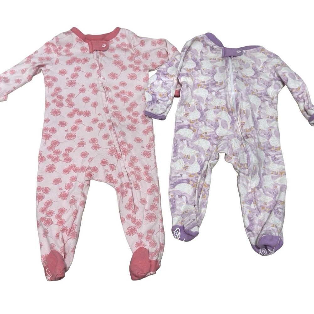 2 Burt's Bees Baby cotton Footed‎ Coverall sleeper-0-3 months Purple Goose Pink